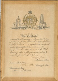 Document - JAMES MARSHALL COLLECTION: BRAVERY CERTIFICATE FROM DEPARTMENT OF MINES 1886, 1886