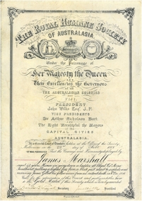 Award - James Marshall Collection: Gold Medal Bravery Award, The Royal Humane Society of Australasia, 23.02.1887