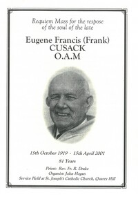 Document - ORDER OF SERVICE FRANK CUSACK FUNERAL, 2001