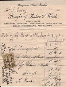 Document - FRANK J EVERY COLLECTION: BOUGHT OF BAKER & WOODS INVOICE