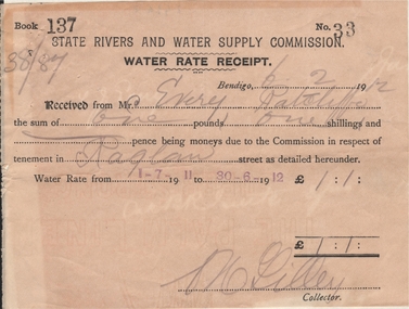 Document - FRANK J EVERY COLLECTION: STATE RIVERS AND WATER SUPPLY COMMISSION WATER RATE RECEIPT
