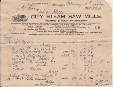 Document - FRANK J EVERY COLLECTION: CITY STEAM SAW MILLS, HUMME & ISER PROPRIETORS, INVOICE