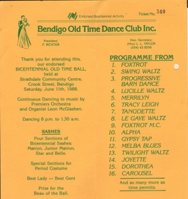Document - BENDIGO OLD TIME DANCE CLUB PROGRAMME, JUNE 11TH, 1988