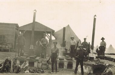 Postcard - ACC LOCK COLLECTION: B&W PHOTO OF A GROUP OF MEN AT A CAMP KITCHEN, POSTCARD, 1914-1918