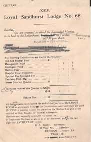Document - LOYAL SANDHURST LODGE NO. 68 COLLECTION: CIRCULAR