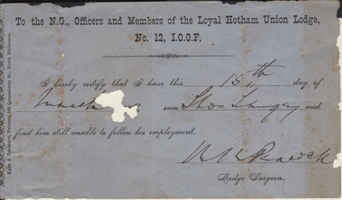 Document - LOYAL SANDHURST LODGE NO. 68 COLLECTION: DOCTOR'S CERTIFICATE