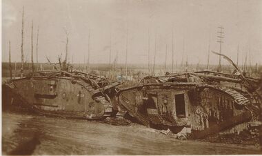 Postcard - ACC LOCK COLLECTION: SEPIA PHOTO OF TWO DESTROYED TANKS, POSTCARD, 1914-1918