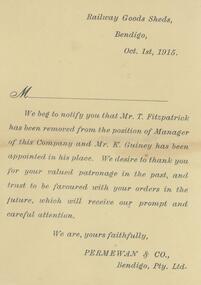 Document - GUINEY COLLECTION: LETTER, 1st Oct 1915