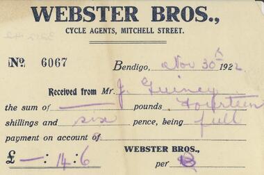 Document - GUINEY COLLECTION: RECEIPT, 30 Nov 1922