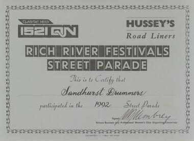 Document - SANDHURST DRUMMERS COLLECTION: CERTIFICATE, 1992