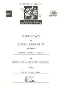 Document - SANDHURST DRUMMERS COLLECTION: CERTIFICATE, 20 April 1992