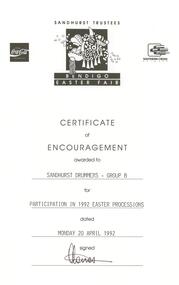 Document - SANDHURST DRUMMERS COLLECTION: CERTIFICATE, 20 April 1992