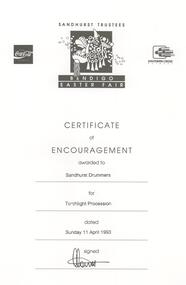 Document - SANDHURST DRUMMERS COLLECTION: CERTIFICATE, 1993