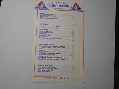 Document - NORM GILLIES COLLECTION: GILLIES TEA-ROOMS MENU