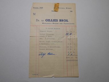 Document - NORM GILLIES COLLECTION: ACCOUNT RENDERED GENERAL STOCK