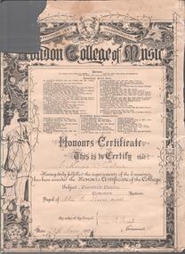 Document - ERROL BOVAIRD COLLECTION: LONDON COLLEGE OF MUSIC CERTIFICATE, 1925