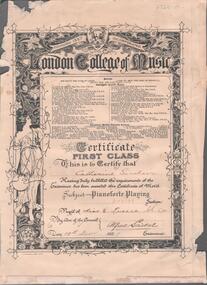 Document - ERROL BOVAIRD COLLECTION: LONDON COLLEGE OF MUSIC CERTIFICATE, 1925