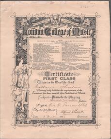 Document - ERROL BOVAIRD COLLECTION: LONDON COLLEGE OF MUSIC CERTIFICATE, 1925