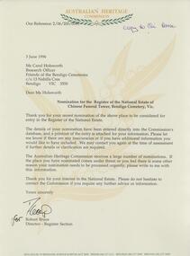 Document - FRIENDS OF WHITE HILLS CEMETERY COLLECTION: LETTER, 3 June 1996