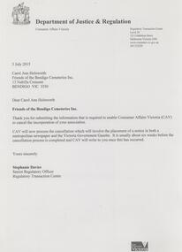 Document - FRIENDS OF WHITE HILLS CEMETERY COLLECTION: LETTER, 2015