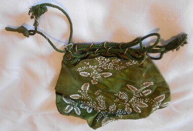 Clothing - MAGGIE BARBER COLLECTION: LADIES GREEN SILK BEADED DRAWSTRING BAG, 1880