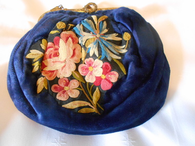 Clothing - MAGGIE BARBER COLLECTION: NAVY BLUE VELVET EMBROIDERED BAG WITH BRASS FRAME, Late 1800-early 1900's