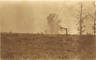 Postcard - ACC LOCK COLLECTION: SEPIA PHOTO OF AN AMMUNITION DUMP EXPLOSION NEAR BAILLEUL, POSTCARD, 1914-1918