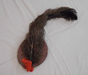 Clothing - MAGGIE BARBER COLLECTION: STRAW ''PILL-BOX'' HAT WITH FEATHER AND BERRY TRIM, Early 1900's