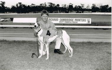 Photograph - BLACK AND WHITE PHOTOGRAPH OF GREYHOUND AND OWNER