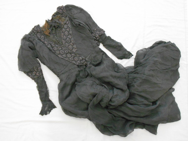 Clothing - MAGGIE BARBER COLLECTION: FULL LENGTH LONG SLEEVED, BLACK BEADED DRESS, Late 1800's