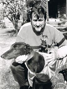 Photograph - BLACK AND WHITE PHOTOGRAPH OF GREYHOUND AND OWNER