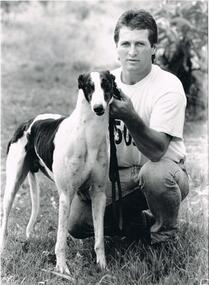 Photograph - BLACK AND WHITE PHOTOGRAPH OF MAN AND GREYHOUND