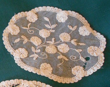 Textile - MAGGIE BARBER COLLECTION: OVAL DOYLEY WITH SPRAY OF FLOWERS ON NET, Early 1900's