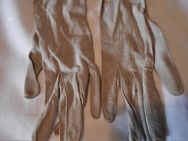 Clothing - MAGGIE BARBER COLLECTION: LIGHT GREY KID LEATHER ELBOW LENGTH GLOVES, Late 1800-early 1900's