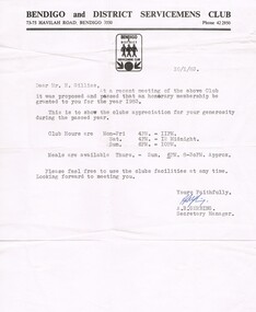 Document - NORM GILLIES COLLECTION: LETTER FROM BENDIGO AND DISTRICT SERVICEMENS CLUB
