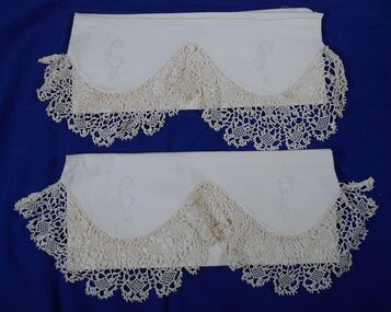 Textile - FAVALORO COLLECTION: EMBROIDERED LACE EDGED PAIR OF PILLOWCASES, Early 1900's