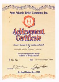 Document - BENDIGO NORTH P.S. COLLECTION: SSRC CERTIFICATE, 1998