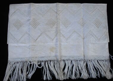 Textile - FAVALORO COLLECTION: DOUBLE DAMASK TABLE RUNNER/COVER WILL PULLED THREAD EMBROIDERY, Early - mid 1900's