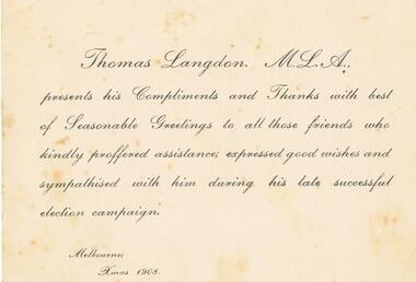 Document - THOMAS LANGDON COLLECTION: THANK YOU CARD, 1908