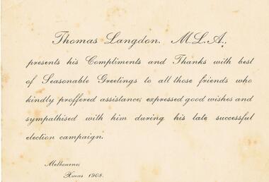 Document - THOMAS LANGDON COLLECTION: THANK YOU CARD, 1908