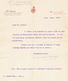Document - THOMAS LANGDON COLLECTION: LETTER TO THOMAS LANGDON, 1902