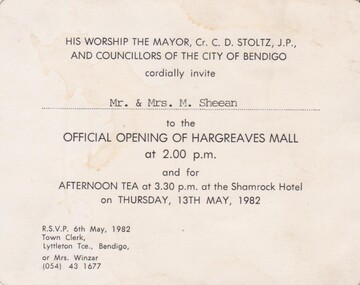 Document - INVITATION TO OPENING OF HARGREAVES MALL, 1982