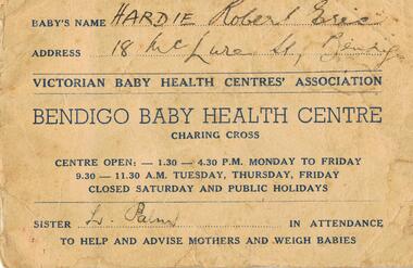 Document - BABY HEALTH CENTRE RECORD, 1952 - 1953