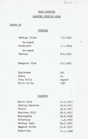 Document - BENDIGO POST OFFICE COLLECTION: POST OFFICES GREATER BENDIGO AREA, 1852-1979