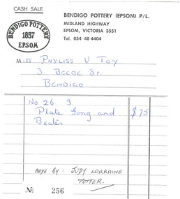 Document - PHYLLIS TOY COLLECTION: BENDIGO POTTERY INVOICE ISSUED TO PHYLLIS TOY