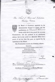 Document - ALMOND ROWE WILLIAMS COLLECTION: SCHOOL OF MINES AND INDUSTRY BENDIGO CERTIFICATE