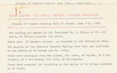 Document - GOLDEN SQUARE SECONDARY COLLEGE: PARENT CLUB MEETINGS, 1968