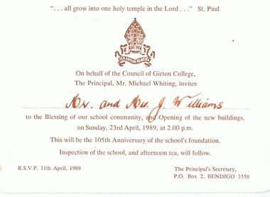 Document - JOHN WILLIAMS COLLECTION: INVITATION, April 1989
