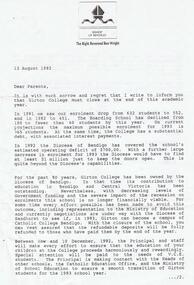 Document - JOHN WILLIAMS COLLECTION: GIRTON COLLEGE CLOSURE, 13 August 1992