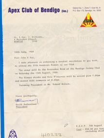 Document - JOHN WILLIAMS COLLECTION: APEX CLUB OF BENDIGO, 13 August 1988